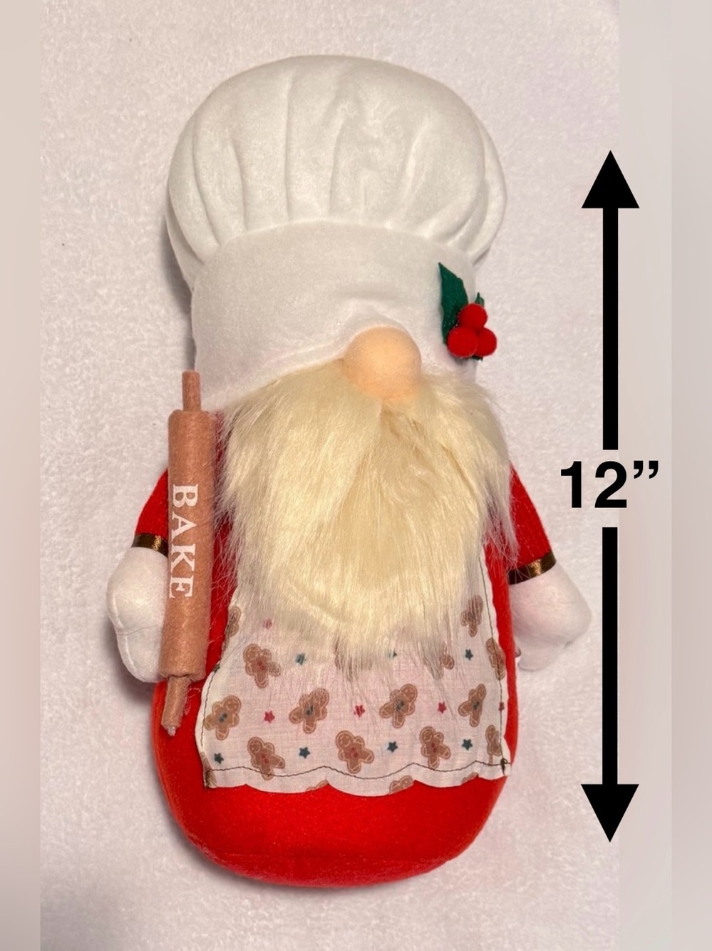 Gingerbread Baker Gnome Plush Holiday Shelf Sitter with Rolling Pin, Hat & Holly